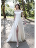 Off Shoulder Ivory Satin Slit Wedding Dress